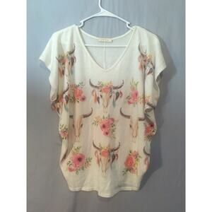 Phil Love Bull Skulls and Flowers Knit Top